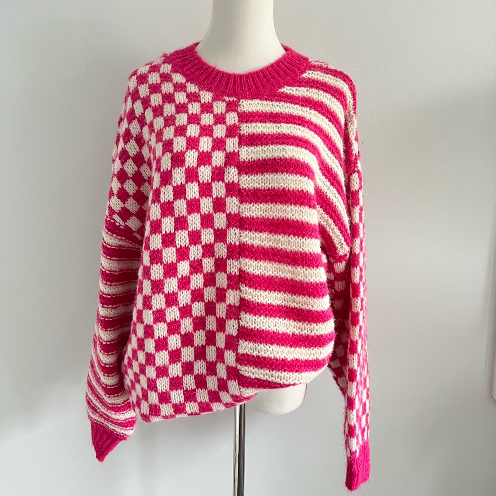 NEW Blu Pepper Pink Checkered Oversized Sweater Top Size S M